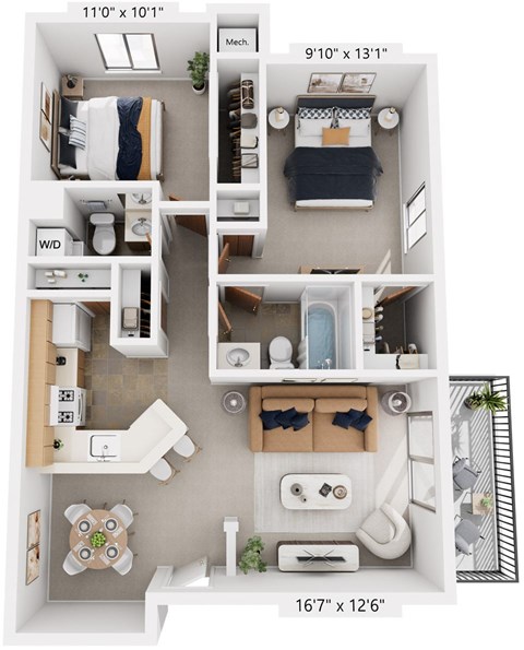 Two Bedroom Madrid 3D Floor Plan at Trappers Cove Apartments