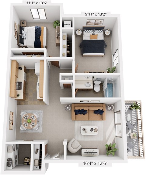 Two Bedroom Seville 3D Floor Plan at Trappers Cove Apartments, Lansing, MI, 48910