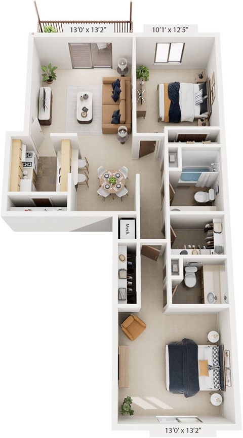 2 Bed Walk Thru 3D Floor Plan at Trappers Cove Apartments, Lansing, MI