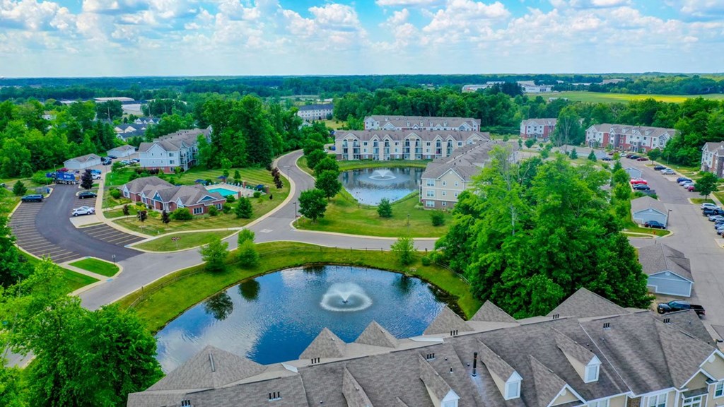 Aerial View Showing Pond Views at Trillium Pointe Apartment Homes, Jackson, MI