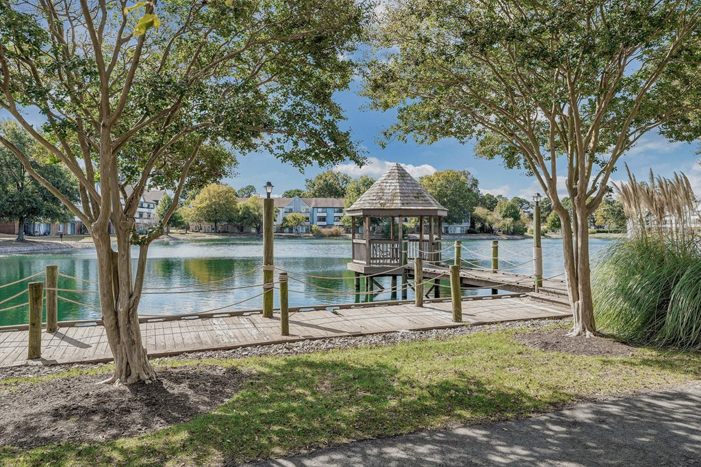 a dock with a gazebo on the water at WaterFront Apartments, Virginia Beach, Virginia