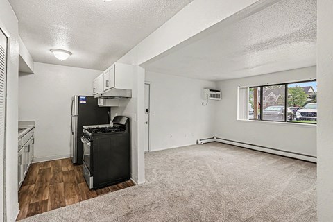 A kitchen with a fridge, stove, and oven.