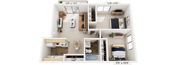 Two Bedroom 3D Floor Plan at Waverly Park Apartments, Lansing