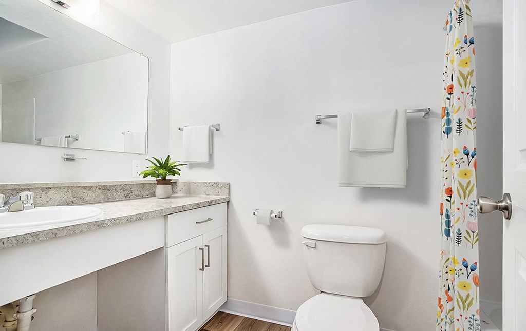 A bathroom with a toilet and a sink with large vanity at West Hampton Park Apartments in Elkhorn, NE 68022