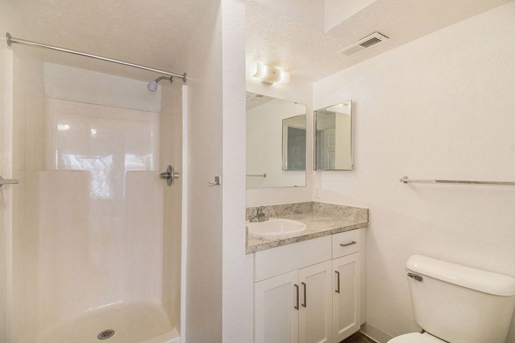 A bathroom with a shower, toilet, and sink at West Hampton Park Apartments in Elkhorn, NE 68022