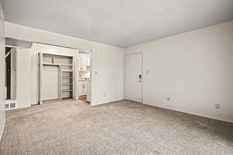 A sparsely furnished room with a carpeted floor and white walls.