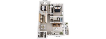 Seville Two Bedroom 3D Floor Plan at West Wind Apartments, Fort Wayne