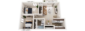 2 Bedroom standard 3D Floor Plan at West Wind Apartments, Fort Wayne, 46808