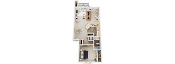 One Bedroom End 3D Floor Plan at Windmill Lakes Apartments, Holland, MI, 49424