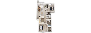 Two Bedroom, Two Bathroom 3D Floor Plan at Windmill Lakes Apartments, Michigan