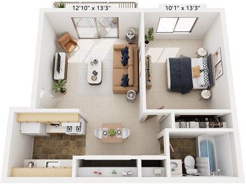One Bedroom One Bath 3D Floor Plan at Wingate Apartments, Michigan, 49512