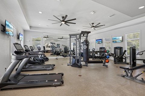 A spacious gym with a variety of equipment including treadmills, weight machines, and a ceiling fan.