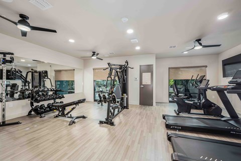 A spacious gym with a variety of equipment including treadmills, weights, and exercise machines.