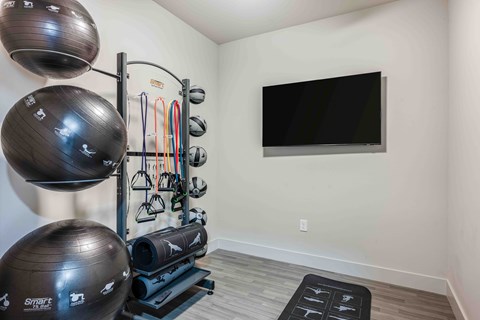 A home gym with a TV mounted on the wall and exercise equipment.