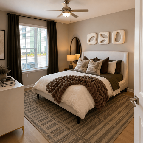A bedroom with a large bed and a ceiling fan.