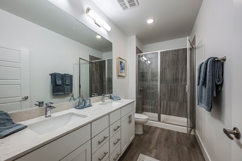 A bathroom with a sink, toilet, and shower.