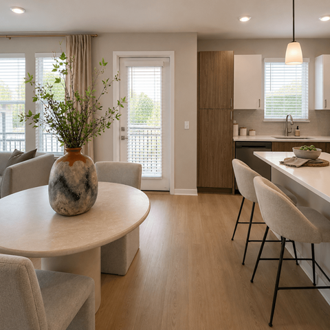 A modern dining room with a round table and chairs.