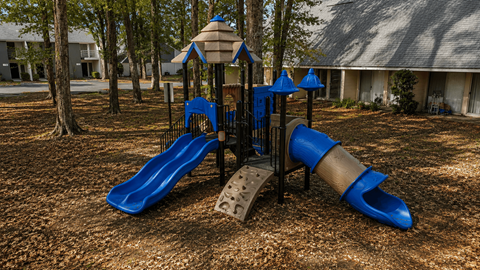 A playground with a blue slide and a brown sandbox.
