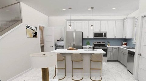 A modern kitchen with a dining table and chairs.