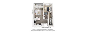 A floor plan of a one bedroom apartment with a living room, kitchen, and bathroom.