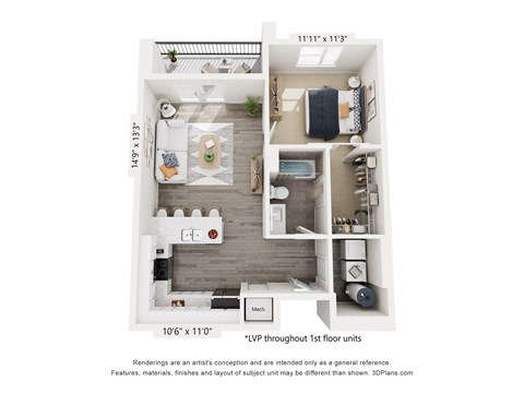 A floor plan of a one bedroom apartment with a living room, kitchen, and bathroom.