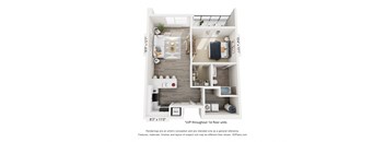 A floor plan of a one bedroom apartment with a kitchen, living room and bathroom.