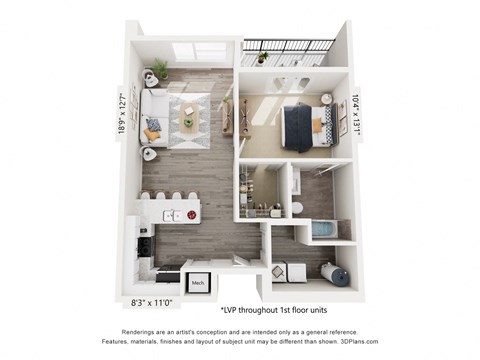 A floor plan of a one bedroom apartment with a kitchen, living room and bathroom.