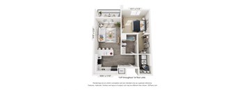 A floor plan of a one bedroom apartment with a kitchen, living room and bathroom.