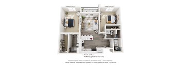 A 3D floor plan of a house with a living room, kitchen, and two bedrooms.