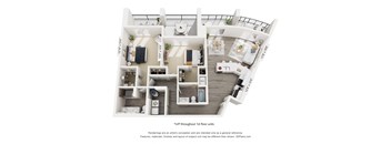A floor plan of a house with a living room, dining room, kitchen, and two bedrooms.