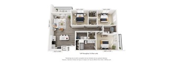 A floor plan of a two-bedroom apartment with a living room, kitchen, and bathroom.