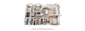 A 3D floor plan of a house with a living room, kitchen, and two bedrooms.