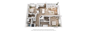 A floor plan of a two-bedroom apartment with a living room, kitchen, and bathroom.