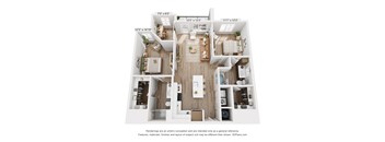 A floor plan of a two-bedroom apartment with a living room, kitchen, and bathroom.