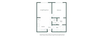 A floor plan of a small apartment with a living room, dining room, kitchen, bathroom, and bedroom.