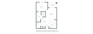 A floor plan of a house with a living room, dining room, kitchen, bathroom, bedroom and a patio/balcony.