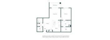 A floor plan of a house with a living room, dining room, kitchen, and bathrooms.