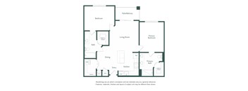 A floor plan of a house with a living room, dining room, kitchen, two bathrooms, and three bedrooms.