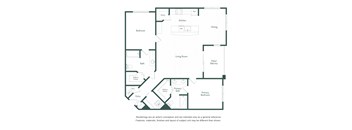 A floor plan of a house with a living room, dining room, kitchen, and several bedrooms.