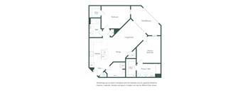 A floor plan of a house with a living room, dining room, kitchen, two bathrooms, and two bedrooms.