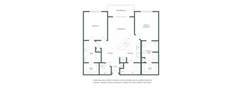 A floor plan of a house with a living room, dining room, kitchen, two bathrooms, two bedrooms, and a patio/balcony.