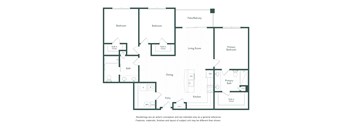 A floor plan of a house with two bedrooms, a living room, a dining area, a kitchen, a bathroom, and a patio/balcony.