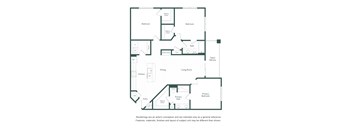 A floor plan of a house with a living room, dining room, kitchen, two bathrooms, and four bedrooms.