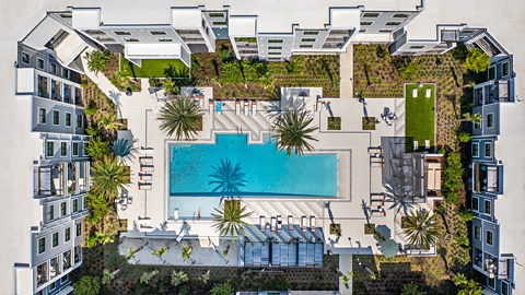 A bird's eye view of a residential area with a swimming pool.