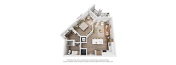 A 3D floor plan of a house with a living room, kitchen, and two bedrooms.
