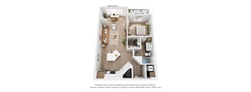 A floor plan of a two-bedroom apartment with a living room, kitchen, and bathroom.