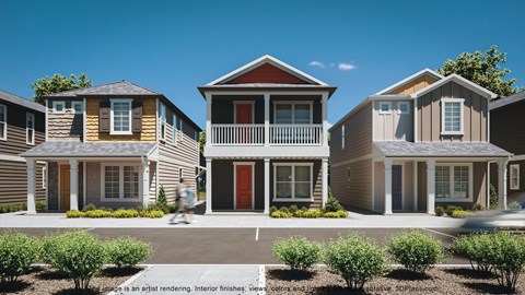 a rendering of a row of townhomes with a person walking down the street