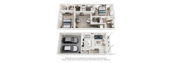 a stylized 3d floor plan of a house with a bedroom and living room
