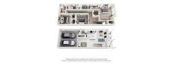 a stylized 3d floor plan of a house and a views of the bedrooms
