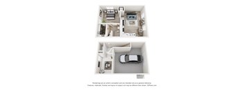 a stylized floor plan with a bedroom and a living room
